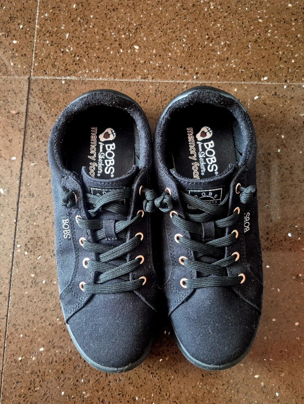 Skechers BOBS Women's Black Lace-Up Canvas Sneakers with Rose Gold Eyelets